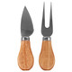 Two stainless steel cheese knives with wooden handles, featuring a spade-shaped knife and a fork. Two stainless steel cheese knives with wooden handles, featuring a spade-shaped knife and a fork.