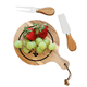 A wooden cheeseboard with a handle, featuring strawberries and grapes, accompanied by a cheese knife and fork. A wooden cheeseboard with a handle, featuring strawberries and grapes, accompanied by a cheese knife and fork.