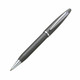 A metal pen in a sleek dark grey finish with a shiny clip and tip, featuring a branding logo.