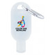 A frosted 30mL hand sanitiser bottle with a carabiner, featuring a logo and vibrant colours.