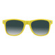 A pair of yellow sunglasses with dark green gradient lenses and a simple design. They feature a logo on the frame.