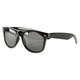 Black sunglasses with grey lenses, featuring a logo on the side, perfect for leisure and outdoor activities.