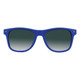 Blue sunglasses with gradient lenses and a simple design, featuring a logo on the side.