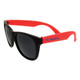 Retro sunglasses with black frames and red arms, featuring a logo on the side.