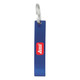 A drink bottle opener in blue metal, featuring a branded logo. It has a keyring attachment.