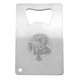 A stainless steel credit card-sized bottle opener features a detailed engraved design on its surface and a circular hole.