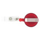 A round red badge holder with a silver clip and a retractable cord attached to a white strap.