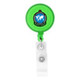 A round badge holder in bright green with a retractable cord and a logo on the front.