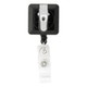 A rectangle badge holder in black and white with a retractable cord and a clip at the top for attachment.