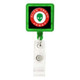 A green rectangular badge holder with a clear strap and a logo displayed in the centre.