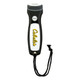 A black and white magnetic flashlight with a textured grip and a lanyard for easy carrying. It has a logo.