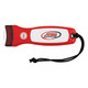 A red and white magnetic flashlight with a logo, featuring a textured grip and a wrist strap.