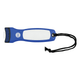 A blue magnetic flashlight with a white grip and a black cord for easy handling. Features a logo on the body.