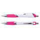 A plastic pen featuring a sleek white body with pink accents and a chrome clip, designed for writing.
