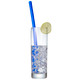 A drink bottle filled with ice and a blue reusable silicone straw, garnished with a slice of lime.