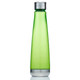 A drink bottle in a translucent green colour with a metallic silver cap and base, featuring a logo.