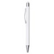 A white metal pen with a silver clip and tip, featuring a branding logo.