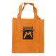 An orange shopping tote bag with a gusset and a black logo on the front.