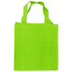 A bright green shopping tote bag with gusset and two sturdy handles, featuring a logo.