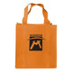 An orange shopping tote bag with a gusset and a logo displayed on the front.