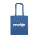 A blue tote bag with two handles and a logo printed on the front.