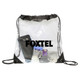 A transparent drawstring bag in black, featuring various items inside and a prominent logo.