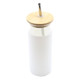 A drink bottle with a white body, bamboo lid, and metal straw, featuring a logo. A drink bottle with a white body, bamboo lid, and metal straw, featuring a logo.