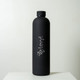 A drink bottle in matte black with a sleek design and a logo displayed on the front.