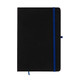 A black A5 notebook with a blue elastic band and bookmark, featuring a minimalist design and a logo.