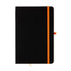 A black A5 notebook with an orange elastic band closure and bookmark.