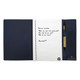 A large A5 journal book with a dark blue cover, featuring lined pages and a pen holder.