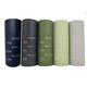 A drink bottle collection featuring navy, dark grey, olive green, light green, and grey colours, each with a logo.