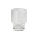 A clear, ribbed glass tumbler with a thick base, ideal for beverages. Features a subtle branding logo.