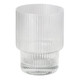 A ribbed clear glass tumbler with a curved base, designed for beverages, featuring a subtle logo.