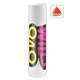 A lip balm in a white tube with a vibrant design in pink and yellow, featuring a watermelon icon.