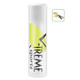 A white lip balm tube with a yellow accent and a branding logo. The tube contains a vanilla or floral scent.