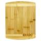 A bamboo cutting board with a smooth surface and rounded edges, featuring a logo in one corner.