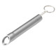 A drink bottle opener keychain in silver colour with a sleek cylindrical design and a metal keyring attached. A drink bottle opener keychain in silver colour with a sleek cylindrical design and a metal keyring attached.