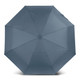 A compact umbrella in a solid slate grey colour with a central button and a sleek design. It features a logo.