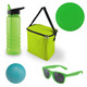 A green cooler bag, a translucent green drink bottle, green sunglasses, a blue ball, and a green plate.