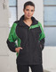 A unisex jacket in black with green accents and a zip-up front, featuring a logo on the chest.