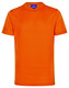 An orange short-sleeve performance tee with a round neckline and a logo on the label. An orange short-sleeve performance tee with a round neckline and a logo on the label.