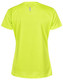 A bright yellow women's short-sleeve performance t-shirt with a logo on the back.