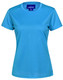 A turquoise short-sleeved women's performance T-shirt with a crew neckline and a logo on the label. A turquoise short-sleeved women's performance T-shirt with a crew neckline and a logo on the label.