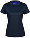 A navy blue ladies' short sleeve performance t-shirt featuring a logo on the neckline. A navy blue ladies' short sleeve performance t-shirt featuring a logo on the neckline.