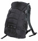 A black backpack with a padded back, multiple zippered compartments, and side mesh pockets. It has a logo.