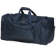 A plain navy blue duffle bag with two handles and a front zipper pocket, featuring a logo.