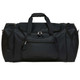 A black duffle bag featuring a front pocket and dual handles, with a zipper closure and a sleek design.