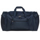 A navy blue duffle bag with a large main compartment, side pockets, and a front zippered pocket. It has a logo.