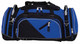 A large duffle bag in black and blue, featuring multiple zippers and compartments, with a logo on the front.